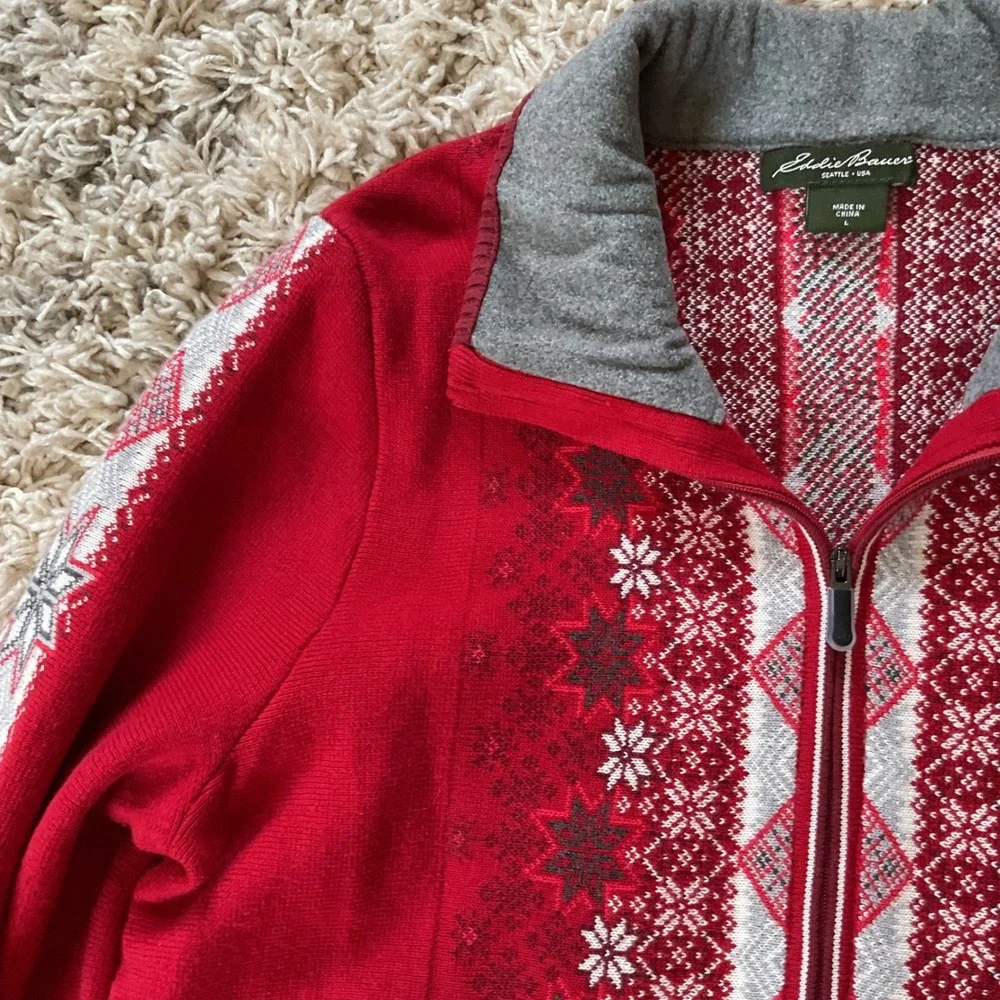 Eddie Bauer Womens Red Fair Isle Full Zip Nordic Snowflake Sweater Mock‎ Neck L